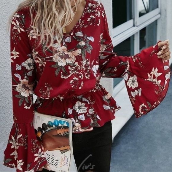 RED Floral Bell Sleeve V Neck - Picture 7 of 11